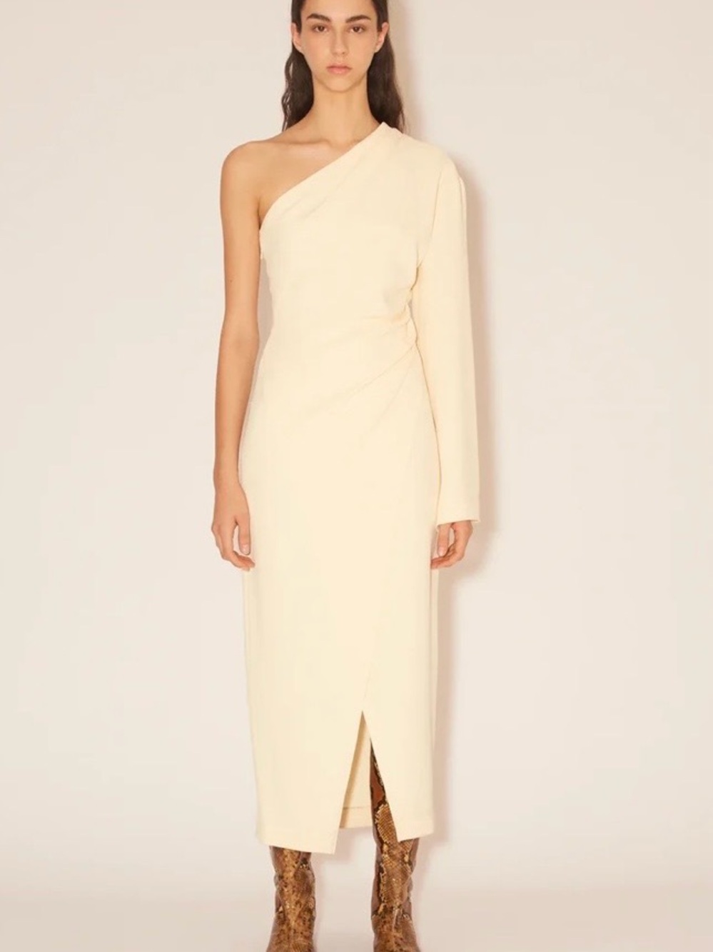 Nanushka One-Shoulder Cream Midi Dress with Single Long Sleeve